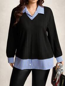 Zelara Plus Size Women'S Striped Color-Blocked Shirt Collar Two-In-One Top, Thanksgiving Women'S Clothing, New Year Women'S Clothing, Winter Dress, Winter Clothing, Women'S Rave Party Costume Elegant Plus Size Tops / Curvy Women'S Tops / Valentine'S Day / Elegant Women'S Blouse / Women'S Holiday Outfits / Birthday Dresses / Back-To-School Dresses / Plus Size Formal Dresses / Afternoon Tea Party Tops, Striped Patchwork Long-Sleeved Tops, Plus Size Faux Two-Piece Tops, Women'S Autumn Clothing, Winter, Fall, Halloween, Christmas, New Year, Thanksgiving, Party Clothing