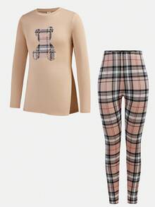 少女休闲针织熊印花长袖上衣和格子图案打底裤套装，学院风 - 卡其色 - 查看 6