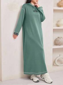 Veilorie Women's Hooded Contrast Stitching Letter Long Sweatshirt Dress - Mint Green - View 5