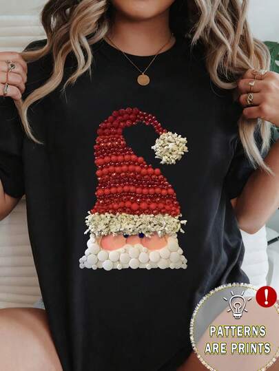 EMERY ROSE Santa Claus Graphic Print Round Neck Short Sleeve Plus Size T-Shirt