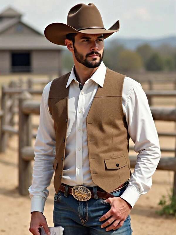 Manfinity Nomadique Men's Coffee Brown Casual Vest, Made Of Solid-Colored Suede Fabric, Suitable For Daily Commute And Activities, Also An Ideal Gift For Friends, Boyfriends, And Husbands. Mens Cowboy Outfits Mens Western Wear Rodeo Outfits For Men Western Vest Western Vest For Men Christmas Outfits Mens Vest For Men