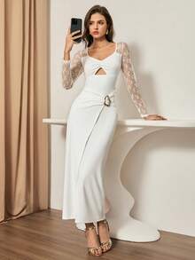 Bluhae Vestido casual de manga larga con parches de encaje de unicolor y minimalista para mujer - Blanco - Ver 7