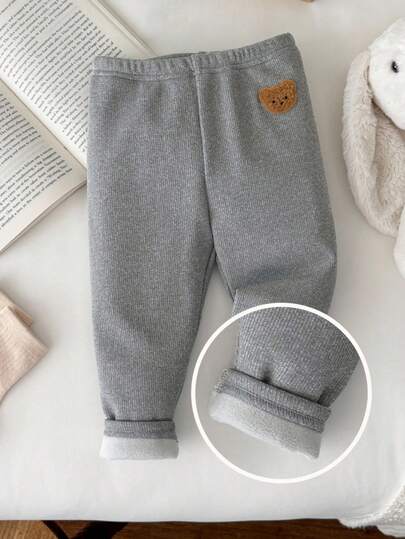 LMoss Kids LMoss   Baby Girl Solid Color Knit Bear Decor Casual Bottoms ,Baby Trousers,Baby Girl Bottoms, Baby Girl Pants, Babygirl Pants,Cozy Fall & Winter Styles,Estilos Acogedores De Otoño&Invierno,Baby Girl Clothes,