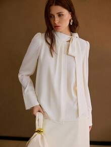 MOTF PREMIUM WOMEN'S SOLID COLOR TIE NECK LIGHTWEIGHT LONG SLEEVE BLOUSE, ELEGANT & VERSATILE - Apricot - View 4