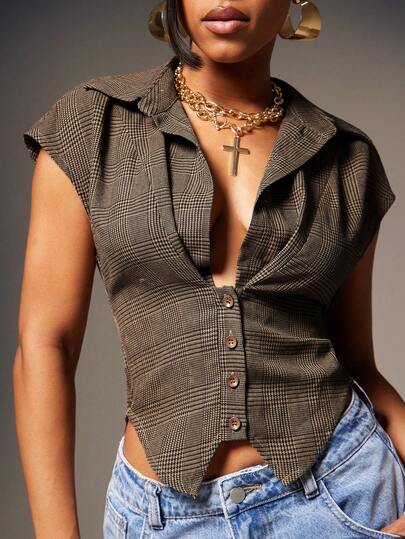 Denimoi Cinched Waist Low Neck Collared Houndstooth Print Top Fashionable Sexy Tops