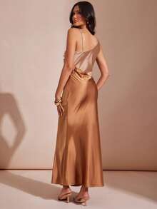 L'Amorae 女士吊带垂褶领缎面撞色长裙，优雅休闲，适合夜晚外出或婚礼宾客穿着 - 彩色 - 查看 5