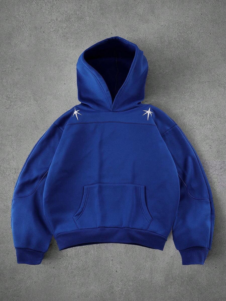 PAVTROS Men's Casual Fashion Street Hooded Sweatshirt With Letter & Star Print, Kangaroo Pocket, Warm Thermal Lined, Autumn/Winter - Blue - View 1