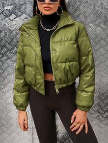 EMERY ROSE Women's Solid Color Long Sleeve Zipper Front Short Padded Coat For Winter Clothes - Green - View 6