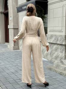 SHEIN Frenchy 女式纯色简约长袖上衣和裤子两件套，休闲日常穿着 - 杏色 - 查看 2