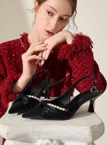 CUCCOO CHICEST Sapatos de casamento femininos elegantes e modernos com salto alto decorados com strass e pérolas artificiais. - Preto - Ver 8