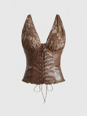 Grunge Punk Y2K Sexy Metallic Lace-Up PU Patchwork Crop Top For Women