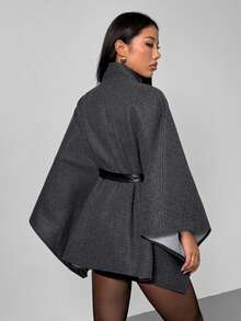 SHEIN PETITE 女士纯色腰带高领优雅大衣，秋冬款 - 灰色 - 查看 2