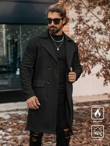 Manfinity Homme 男士雙排扣純色長袖口袋羊毛混紡大衣，秋冬外套系列 - 黑色 - 查看 5