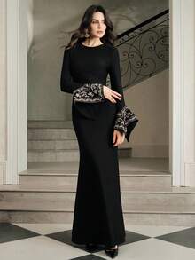 Anewsta Women's Elegant Long Sleeve Round Neck Mermaid Hem Fitted Dress, Embroidered With Gold Thread And Embellished With Rhinestones On Cuffs, Suitable For Daily Gatherings And Various Occasions