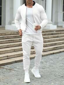 2pcs/Set Men's Casual Colorblock Baseball Collar Jacket & Pants Suit, Autumn, Cozy Outfits - White - View 3