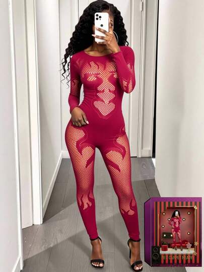 BamGleam Sexy Solid Color Sheer Off Shoulder Long Sleeve Jumpsuit Bodystocking