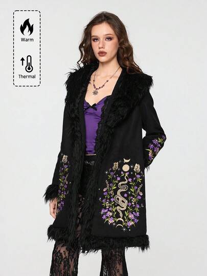 Hippie Women's Overcoat With Faux Fur Patchwork, Snake & Floral Embroidery, Regular Fit