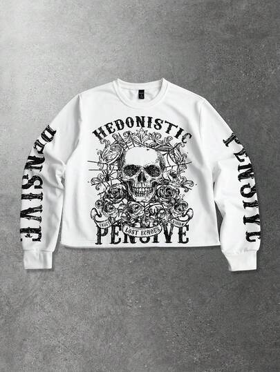 Street Life Sweat-shirt-shirt décontracté à col ras-du-cou à manches longues avec motif de lettre et de crâne pour hommes