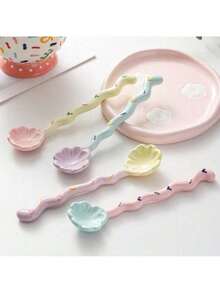 Joivida 1pc Macaron Color Ceramic Long Handle Spoon, Household Dessert Spoon, Stirring Spoon, Coffee Spoon, Ice Cream Spoon, Lovely Floral Shape Christmas Gift,School Supplies - Multicolor - View 5