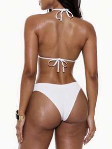 Swim Basics 纯色挂脖式带衬垫比基尼套装 - 白色 - 查看 2
