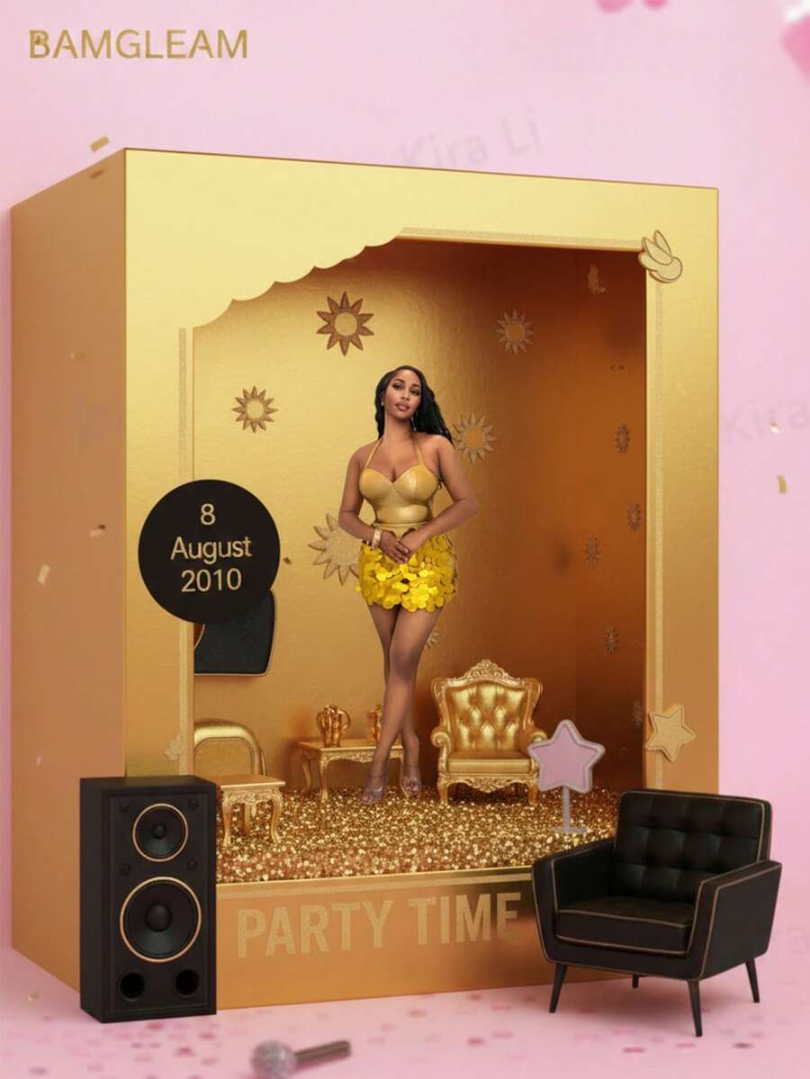 SHEIN BamGlam 女士新款性感领口露背亮片短款迷你连衣裙，适合派对、表演和夜总会。 - 金色 - 查看 1
