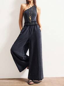 Bohemela 女士休闲纯色针织不对称领连体裤 - 黑色 - 查看 6