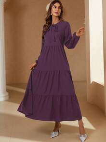 Chiquease Đầm dài tay dài màu trơn buộc dây phía trước, xếp ly tối giản - Trang phục thường ngày, trang phục Maxi màu nâu cho nữ - Bold Plum - Xem 6