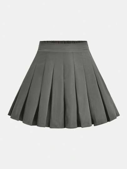 SHEIN Girlism 少女纯灰色迷你裙，拉链百褶裙，适合秋冬季节、日常穿着、休闲场合、返校季穿着。