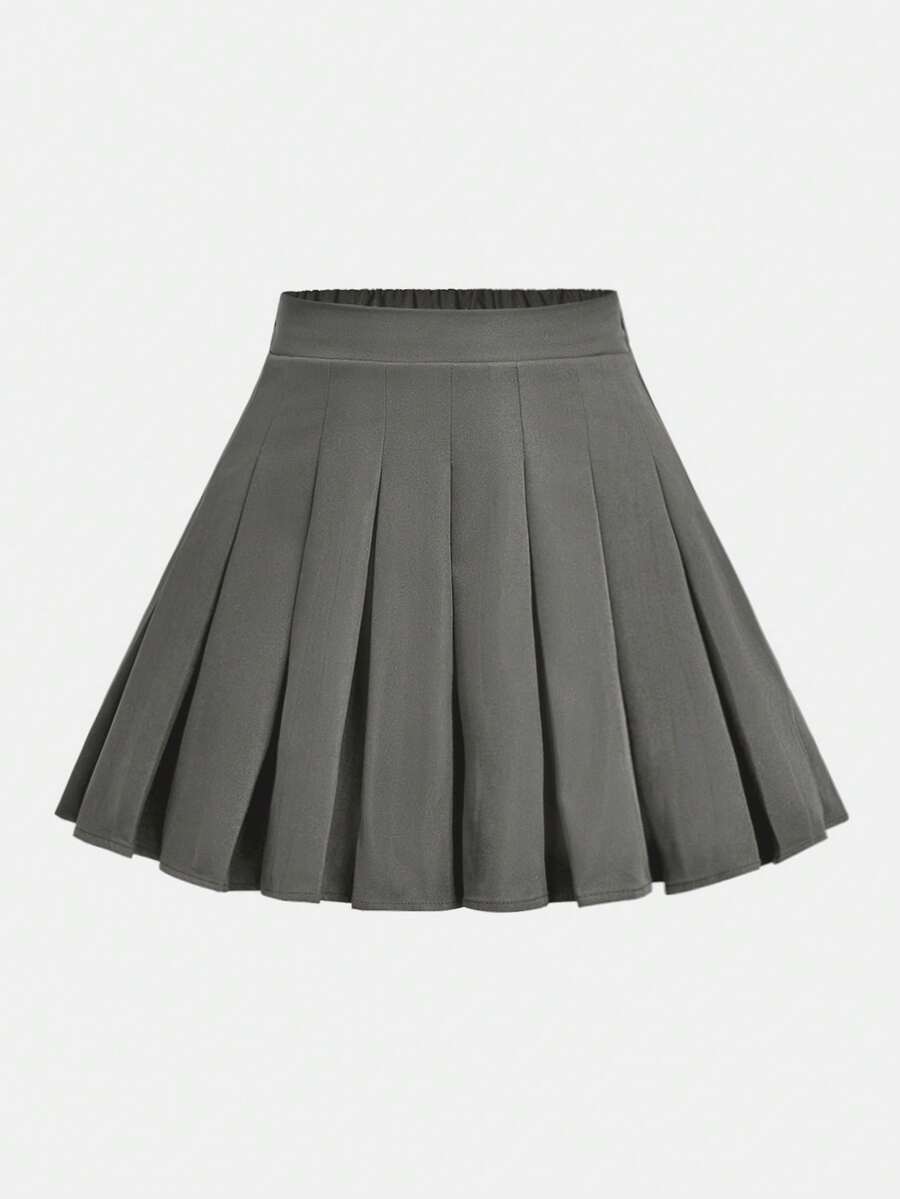 SHEIN Girlism 少女纯灰色迷你裙，拉链百褶裙，适合秋冬季节、日常穿着、休闲场合、返校季穿着。 - 灰色 - 查看 1