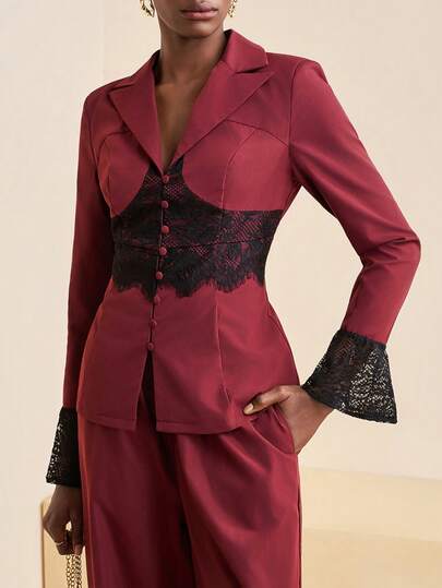 Zivah 2025 冬季新品 - 新年、中国传统节日、情人节、派对、晚宴、约会、聚会、生日派对、学院风、学生装、休闲外出、基础百搭、休闲、邮轮旅行、热门网购单品、优雅、通勤、商务休闲、简约。这款套装包含一件修身 A 字型西装外套，腰部和袖口饰有黑色蕾丝花边，搭配宽松阔腿裤。西装外套前开襟，裤子带有实用口袋。另有酒红色可选。这款派对套装非常适合新年、约会、优雅场合和通勤穿着。女士两件套。红色西装套装，女士西装外套套装，女士裤装套装，女士红色蕾丝西装外套。