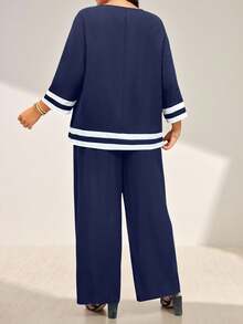 Momelise Set de 2 piezas de top casual de manga larga con cuello redondo y pantalones largos en colores contrastantes para tallas grandes - Azul Marino - Ver 2