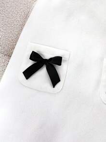 Elladie kids Young Girls Elegant, Sweet & Cute Black Bow Decor Pocket Sleeveless Simple Casual White Dress - White - View 3