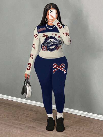 Slaydiva 米色上衣+深蓝色紧身裤/外出套装/女士秋季服装/女士冬季服装/两件套/女士圆领长袖紧身休闲套装/Y2K服装/街头服饰/返校季/适合运动/蝴蝶结&加州23号图案