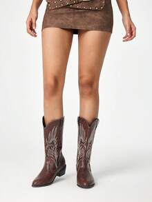 ROMWE Kawaii 女式尖头粗跟刺绣中筒牛仔靴，咖啡棕色 - 咖啡棕 - 查看 2