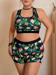 Nick 90s | SHEIN Conjunto de sujetador y pantie cuadrado con estampado total y ribete de contraste para mujer talla grande - Negro - Ver 3