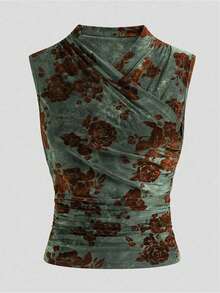 GlowEve 春秋新款女士V领碎花无袖休闲背心+复古植绒印花鱼尾裙，女士长款秋季植绒印花鱼尾裙，适合单身派对、下午茶、秋冬晚宴、优雅套装、万圣节、圣诞节、派对、婚礼、乡村等场合，碎花鱼尾裙 - 彩色 - 查看 4