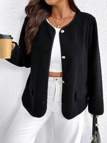 EMERY ROSE Plus Size Women's Casual Brown Versatile Jacket, Button Decor Long Sleeve Fuzzy Coat, Suitable For Daily Outings And Commuting - Black - View 3