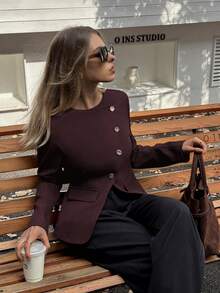 Elyressa Chaqueta regular de mujer con solapa oblicua de unicolor, adecuada para ir al trabajo - Morado - Ver 5