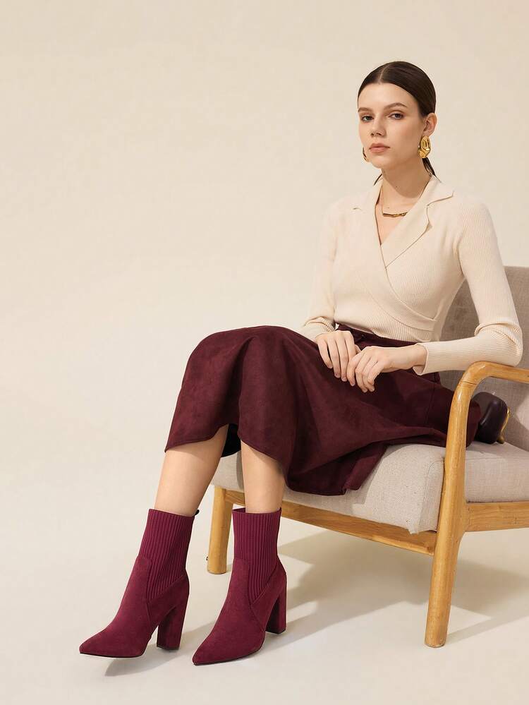 CUCCOO BASICS Women's Pointed Toe Chunky Heel Burgundy Fashion Elegant Commute Simple Daily All-Match Versatile Knit Mid-Calf Ankle Boots