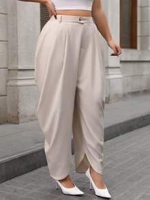 INAWLY 大码女式纯色口袋宽松休闲褶皱裤 - 杏色 - 查看 4