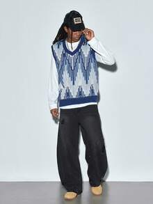 Modcrash Autumn Geometric Pattern Knit Casual Loose V-Neck Sleeveless Vest Top, Unisex Business Commuter Wear For Back To School, Spring/Autumn/Winter - Blue - View 3