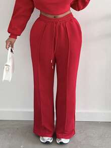 Alexandranx Quần thể thao đơn sắc có dây rút ở eo dành cho nữ, dáng suông rộng rãi - Đỏ - Xem 3