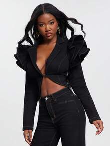 NYA SZN Destiny 短款拼接长袖牛仔外套，荷叶边袖，弹力深色水洗，适合办公室、商务休闲、日常穿着、音乐会、西部牛仔风、特殊活动、派对等场合，尽显优雅气质，是秋冬季女性的理想之选。 - 黑色 - 查看 4