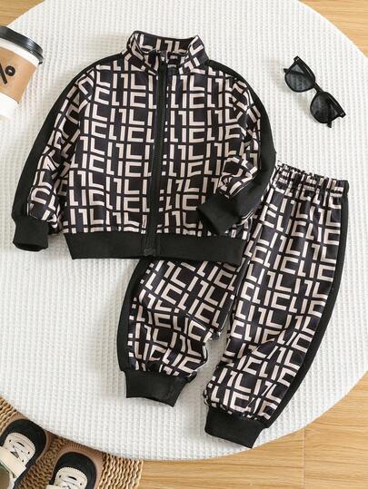 2pcs Baby Boy/Girl Casual Sports Outfit, Loose Fit Letter Graphic Print Decor Zip-Up Jacket And Pants Set, Suitable For Outings, School, Gatherings, Autumn/Winter Back To School Outfits, Fleece, Thickened