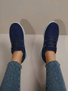 Zapatillas casuales para mujer, plataforma cómoda, punta redonda, cordones clásicos, estilo minimalista, uso diario, zapatos de moda - Azul Marino - Ver 3