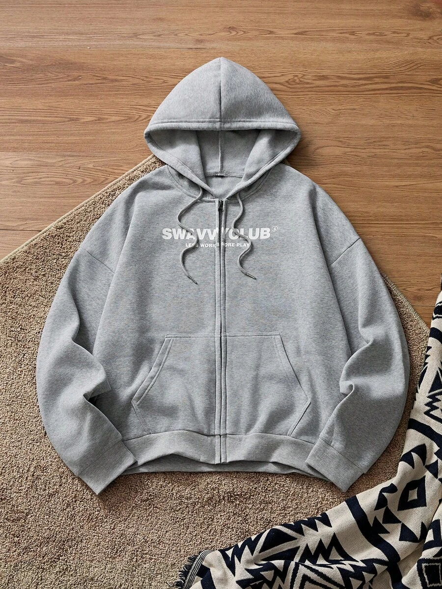 SWAVVY Men's Casual Printed Drawstring Hooded Sweatshirt Sweatshirt - Light Grey - View 1