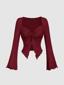 SHEIN MOD 女士纯色心形领喇叭袖扭结前襟时尚T恤 - 酒紅色 - 查看 6