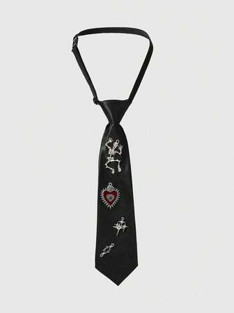 Goth 1pc Black Street Punk Metal Skull, Heart, Devil's Eye, Cross Design Necktie, Fashion Minimalist Unisex Accessory Suitable For Daily Wear, Music Festivals, College, Dates, Halloween, Christmas