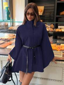 Aloruh Women's Elegant High Collar Batwing Sleeve Cinched Waist Waist Wool Blend Coat In Fall/Winter - Navy Blue - View 1