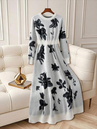 GlowEve CURVE Plus Size Women Solid Color Knitted Patchwork Jacquard Round Neck Casual Elegant Sweater Dress, Suitable For Christmas, Back To School, Romantic Vacation, Office Wear